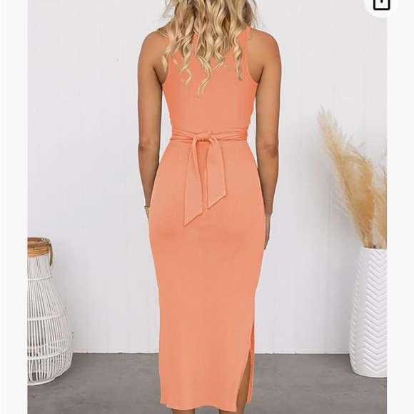 Sleeveless Cut Out Bodycon Dress Crewneck Twist Ruched Slit Ribbed Midi Dress - Picture 2 of 3